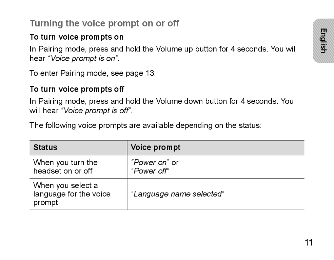 Samsung BHS3000EMECEUR manual Turning the voice prompt on or off, To turn voice prompts on, To turn voice prompts off 