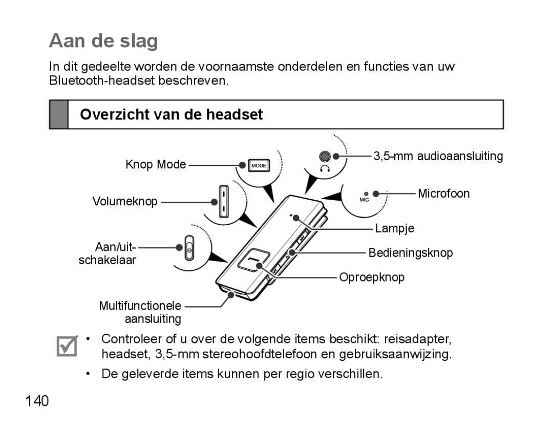 Samsung BHS3000EMLCFOP, BHS3000EBECXEF, BHS3000EMECXET, BHS3000EBECXET manual Aan de slag, Overzicht van de headset, 140 