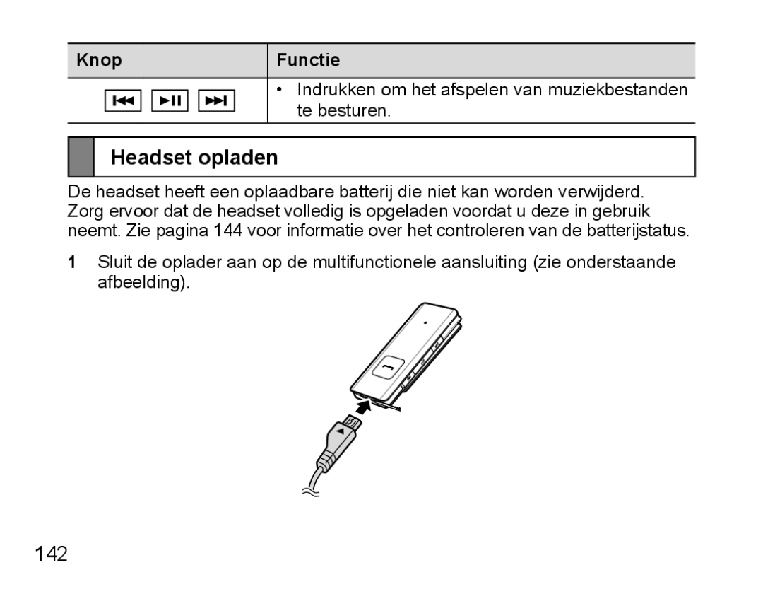 Samsung BHS3000EMECXEH, BHS3000EBECXEF, BHS3000EMECXET, BHS3000EBECXET, BHS3000EPECXET Headset opladen, 142, Knop Functie 