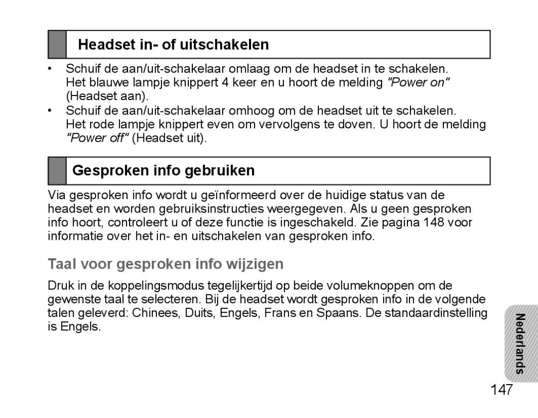 Samsung BHS3000EMECEUR manual Headset in- of uitschakelen, Gesproken info gebruiken, Taal voor gesproken info wijzigen, 147 