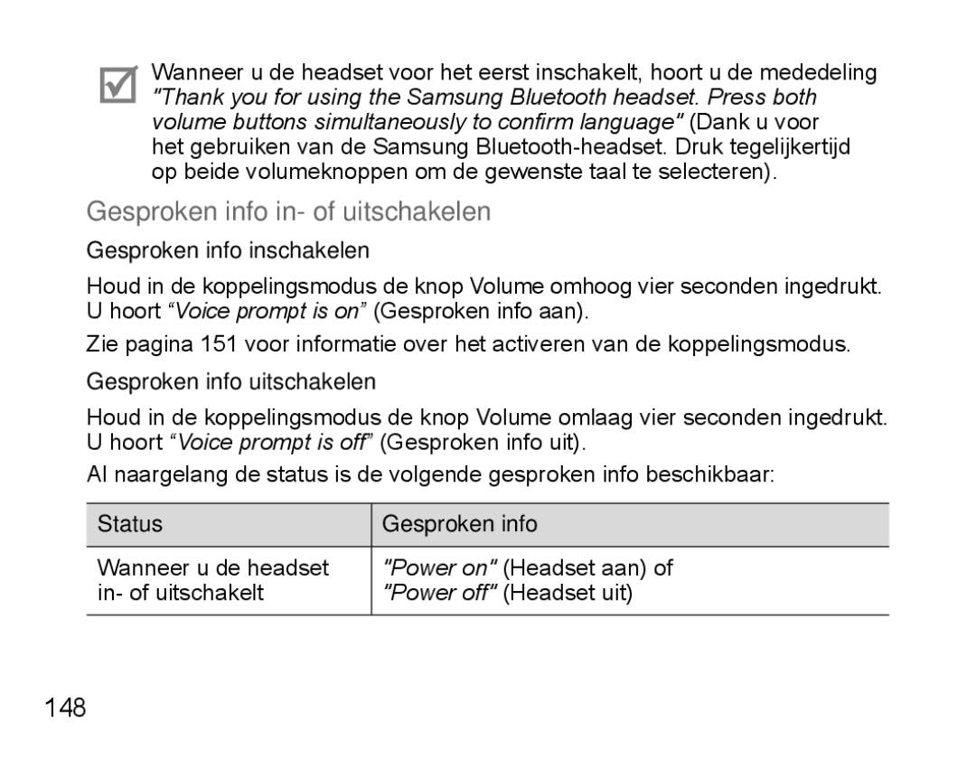 Samsung BHS3000EBECEUR Gesproken info in- of uitschakelen, 148, Gesproken info inschakelen, Gesproken info uitschakelen 