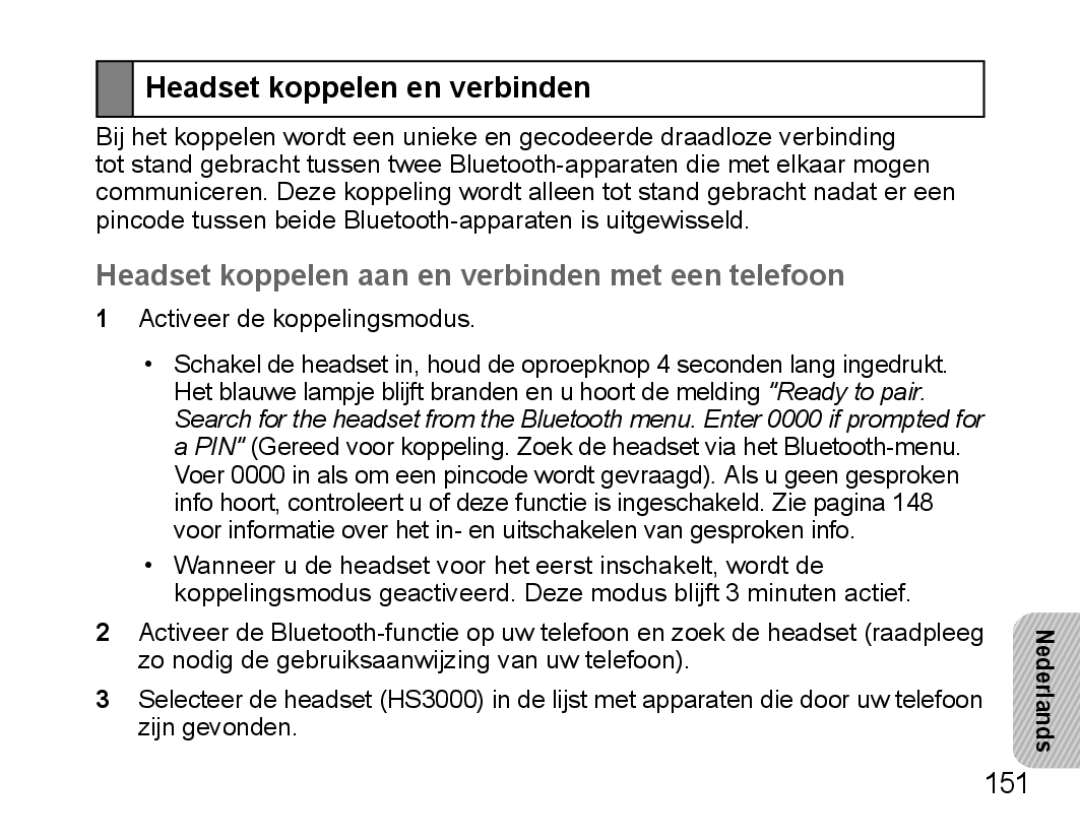 Samsung BHS3000EBECXEF manual Headset koppelen en verbinden, Headset koppelen aan en verbinden met een telefoon, 151 