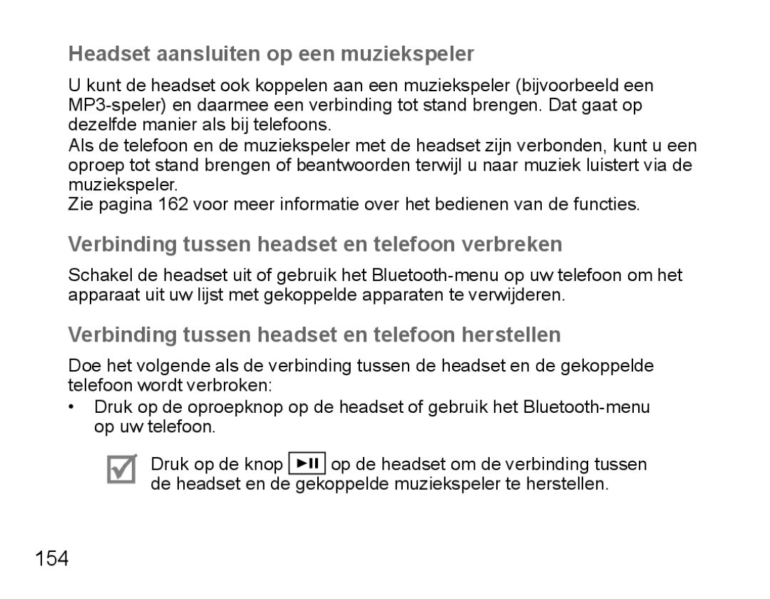 Samsung BHS3000EPECXET manual Headset aansluiten op een muziekspeler, Verbinding tussen headset en telefoon verbreken, 154 