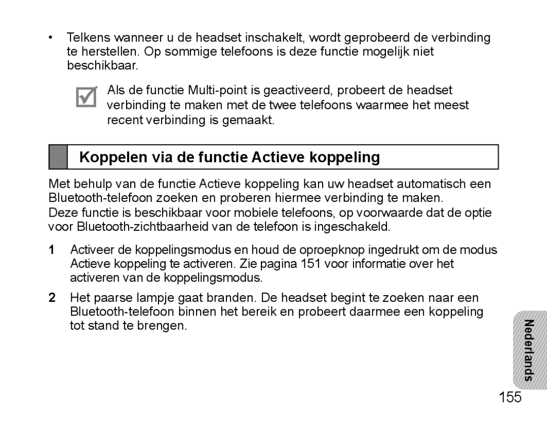 Samsung BHS3000EBLCFOP, BHS3000EBECXEF, BHS3000EMECXET, BHS3000EBECXET manual Koppelen via de functie Actieve koppeling, 155 