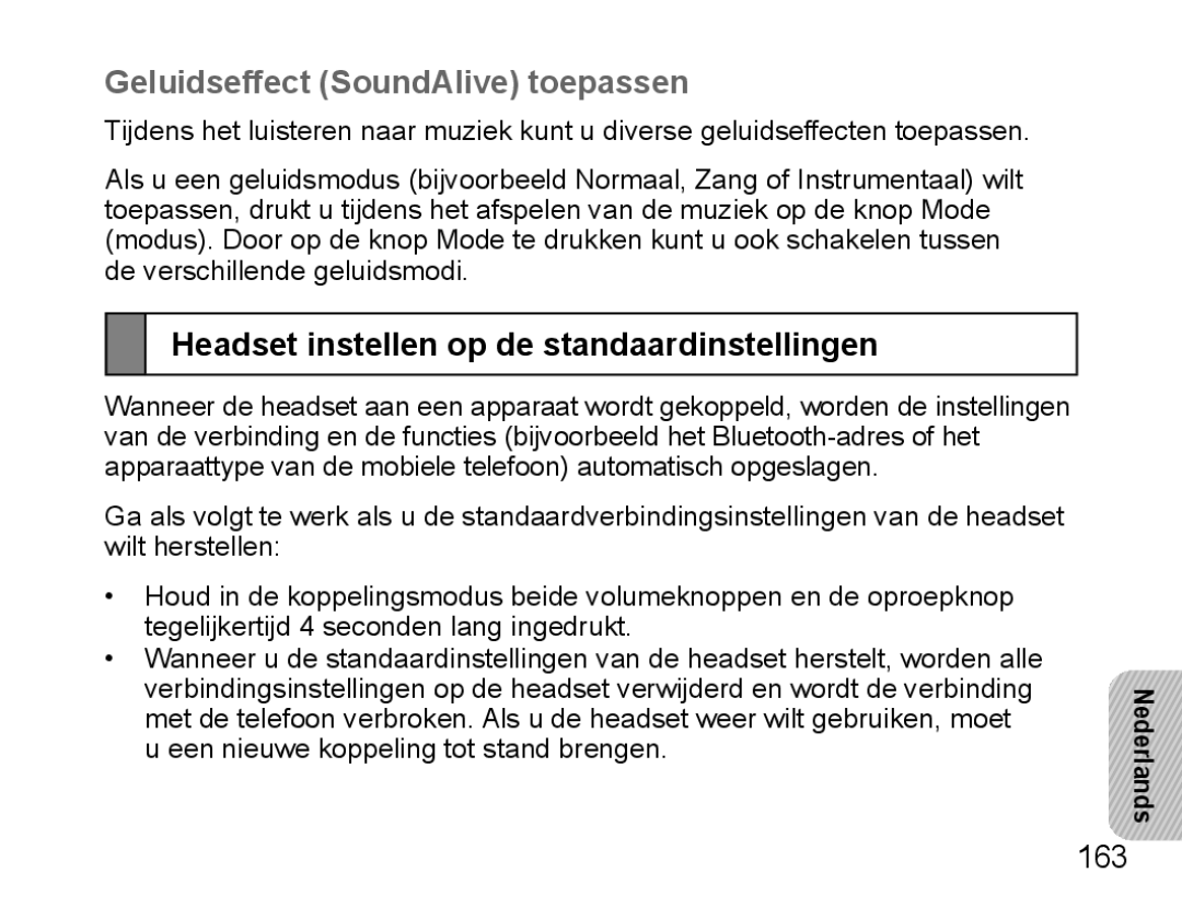 Samsung BHS3000EPECEUR manual Geluidseffect SoundAlive toepassen, Headset instellen op de standaardinstellingen, 163 