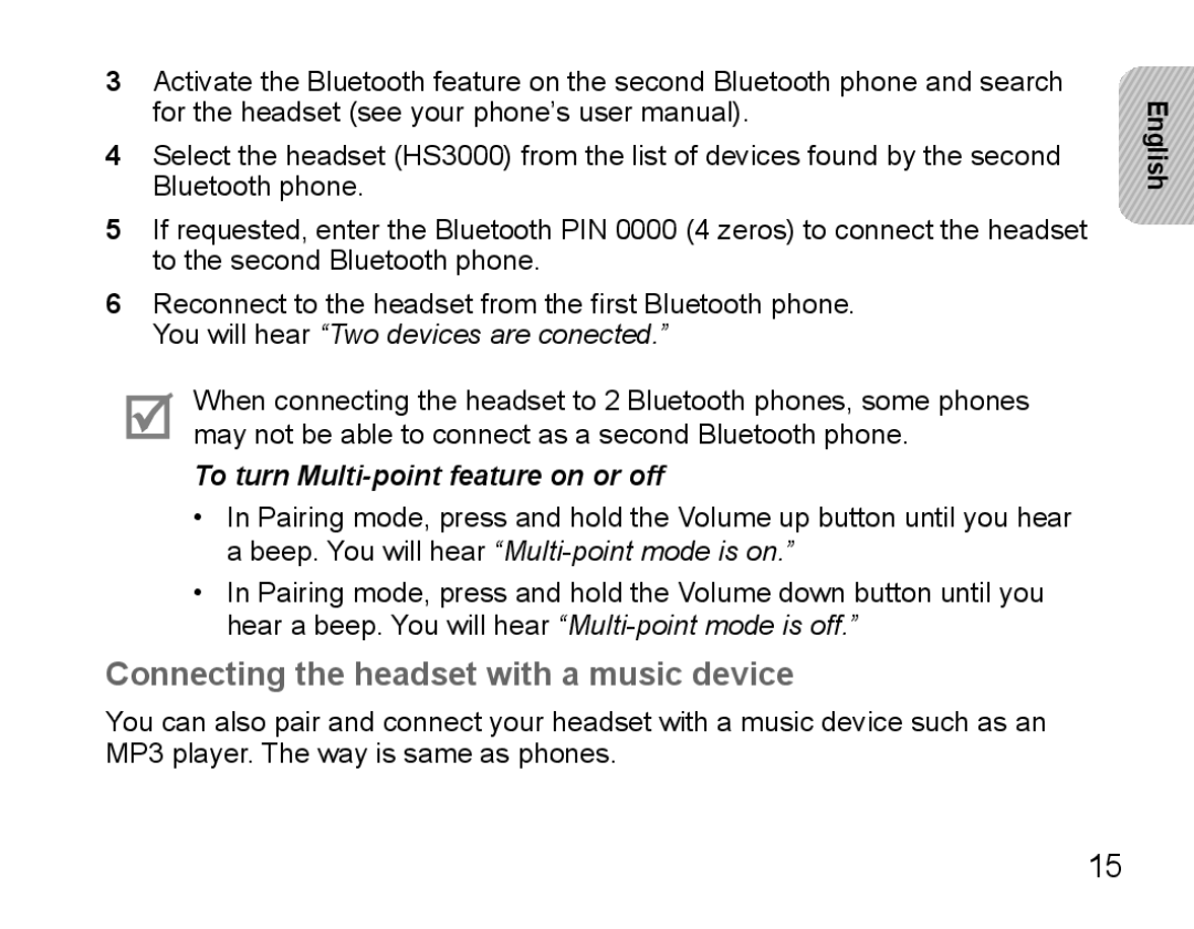 Samsung BHS3000EBECXEF, BHS3000EMECXET Connecting the headset with a music device, You will hear Two devices are conected 