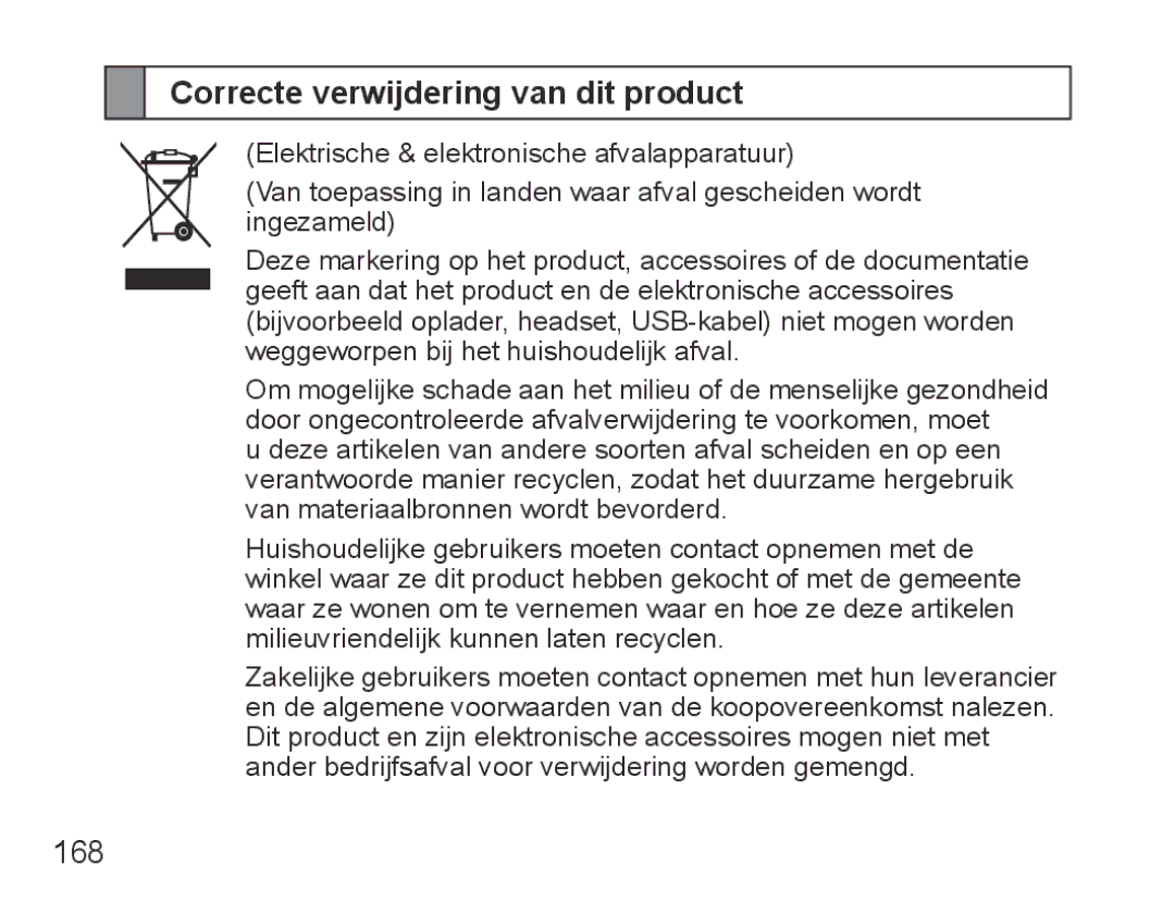 Samsung BHS3000EBECXEF, BHS3000EMECXET, BHS3000EBECXET, BHS3000EPECXET manual Correcte verwijdering van dit product, 168 