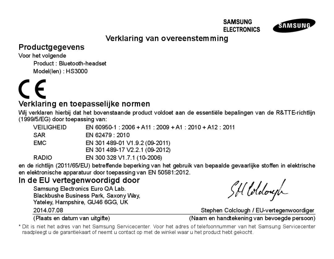 Samsung BHS3000EBECXET, BHS3000EBECXEF Verklaring van overeenstemming Productgegevens, Verklaring en toepasselijke normen 