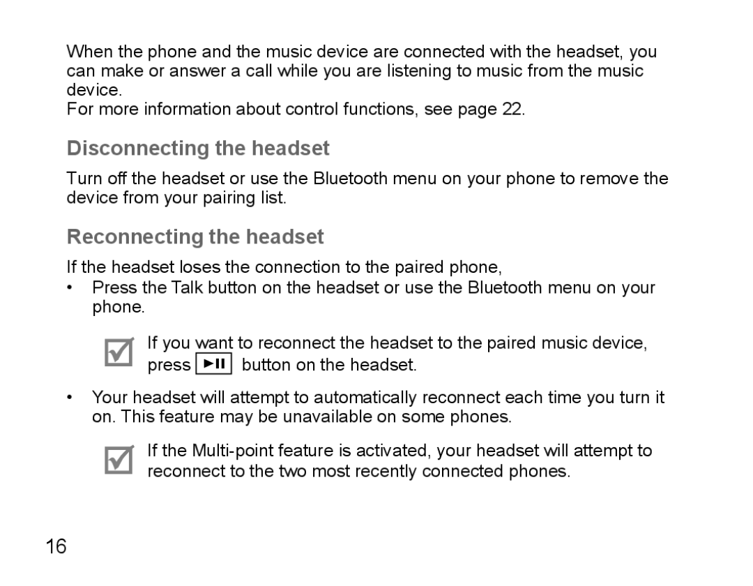 Samsung BHS3000EMECXET, BHS3000EBECXEF, BHS3000EBECXET, BHS3000EPECXET Disconnecting the headset, Reconnecting the headset 