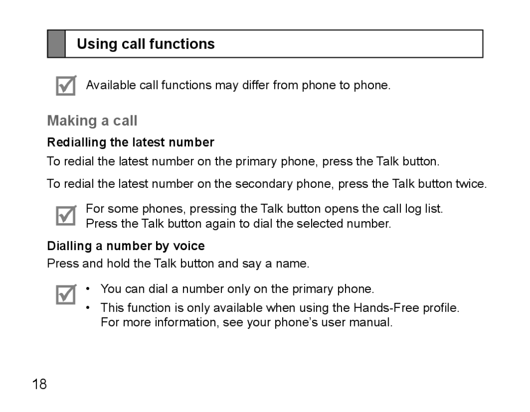 Samsung BHS3000EPECXET manual Using call functions, Making a call, Redialling the latest number, Dialling a number by voice 