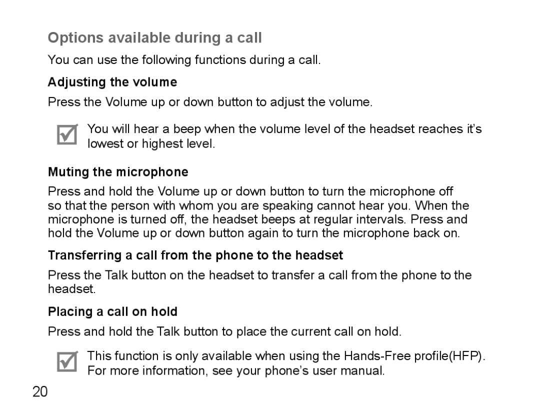 Samsung BHS3000EBECFOP, BHS3000EBECXEF manual Options available during a call, Adjusting the volume, Muting the microphone 