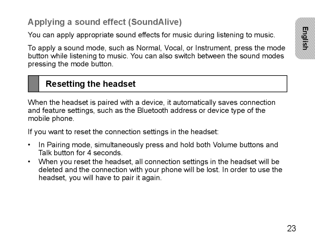 Samsung BHS3000EMECXEH, BHS3000EBECXEF, BHS3000EMECXET manual Applying a sound effect SoundAlive, Resetting the headset 