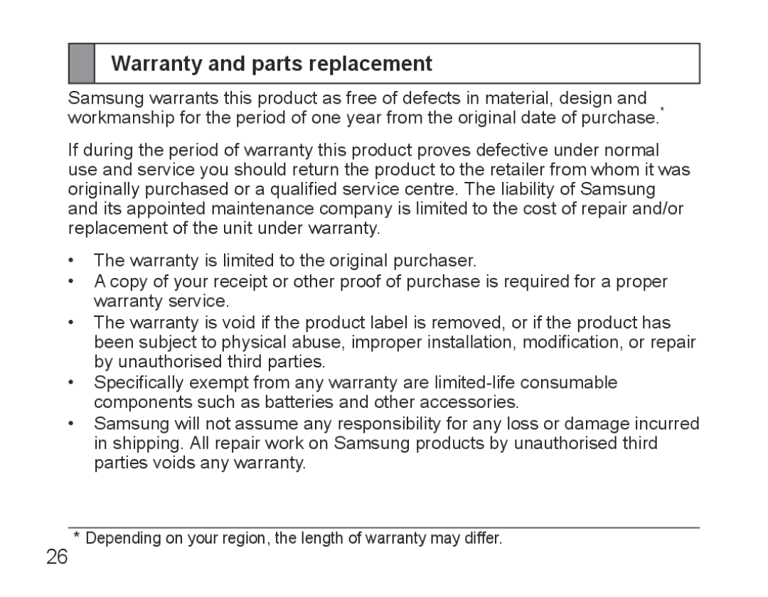 Samsung BHS3000EBECSEB, BHS3000EBECXEF, BHS3000EMECXET, BHS3000EBECXET, BHS3000EPECXET manual Warranty and parts replacement 