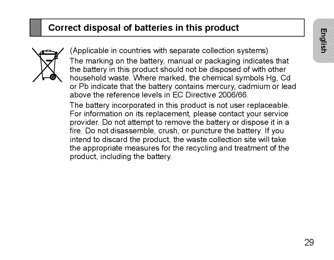 Samsung BHS3000EBECEUR, BHS3000EBECXEF, BHS3000EMECXET, BHS3000EBECXET manual Correct disposal of batteries in this product 