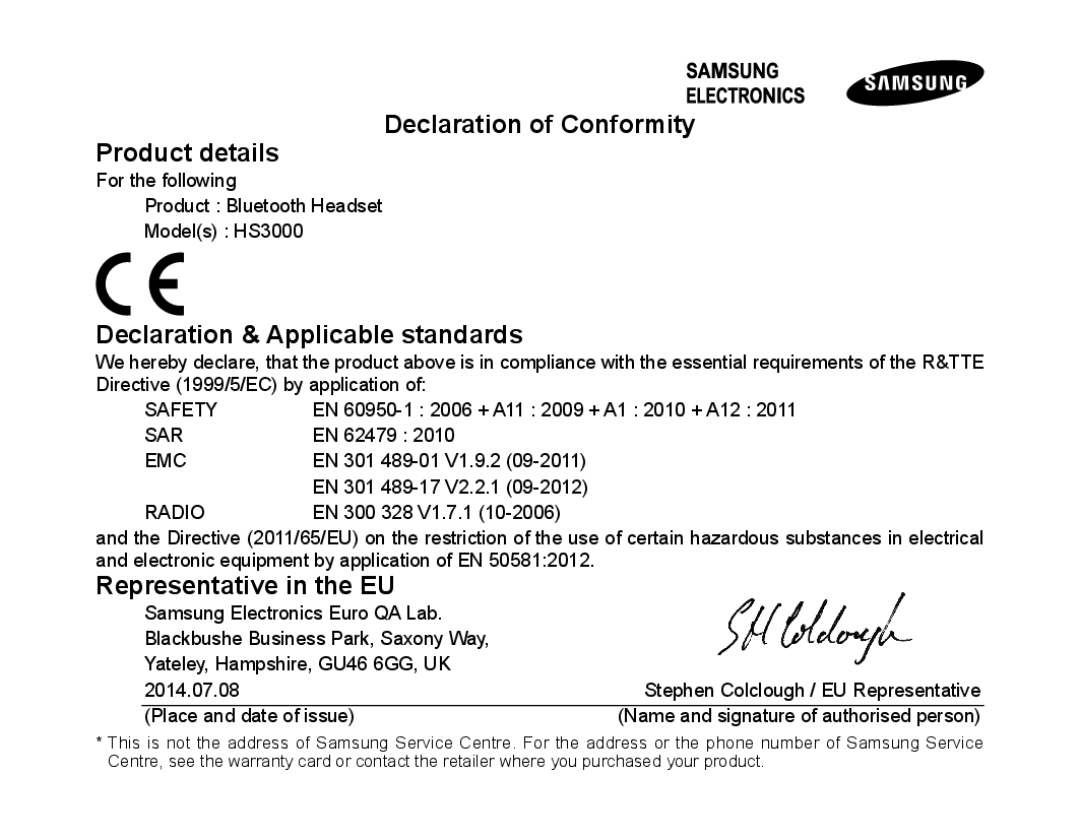 Samsung BHS3000EBECILO, BHS3000EBECXEF manual Declaration of Conformity Product details, Declaration & Applicable standards 