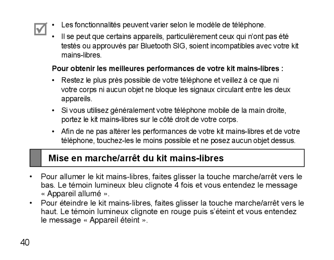 Samsung BHS3000EMECXEH, BHS3000EBECXEF, BHS3000EMECXET, BHS3000EBECXET manual Mise en marche/arrêt du kit mains-libres 