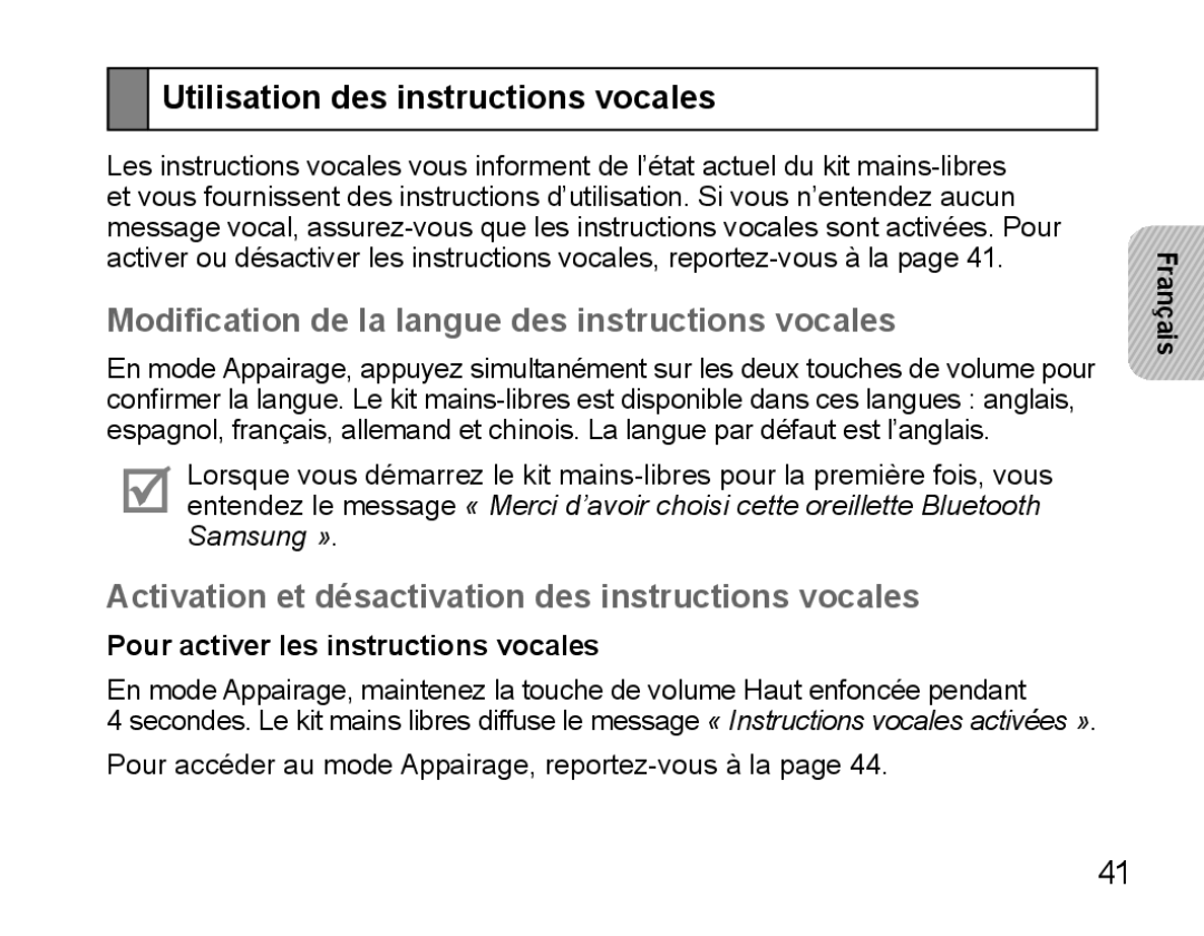 Samsung BHS3000EBECXEH manual Utilisation des instructions vocales, Modification de la langue des instructions vocales 