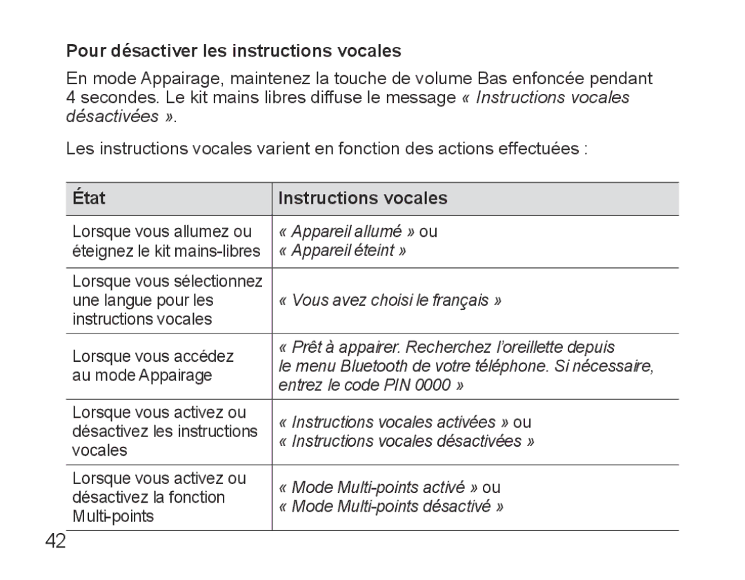 Samsung BHS3000EBECXEE, BHS3000EBECXEF, BHS3000EMECXET Pour désactiver les instructions vocales, État Instructions vocales 