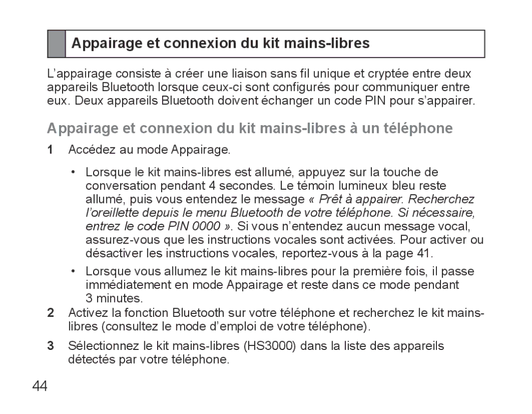 Samsung BHS3000EPECEUR, BHS3000EBECXEF, BHS3000EMECXET, BHS3000EBECXET manual Appairage et connexion du kit mains-libres 