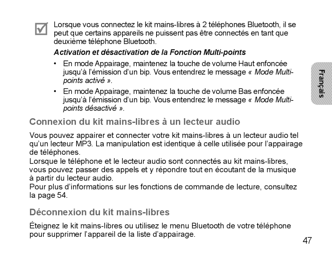 Samsung BHS3000EBECILO, BHS3000EBECXEF Connexion du kit mains-libres à un lecteur audio, Déconnexion du kit mains-libres 