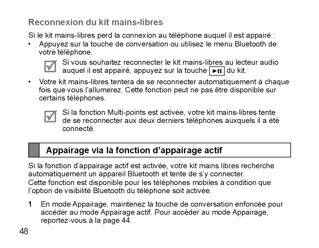 Samsung BHS3000EBRCSER, BHS3000EBECXEF manual Reconnexion du kit mains-libres, Appairage via la fonction d’appairage actif 