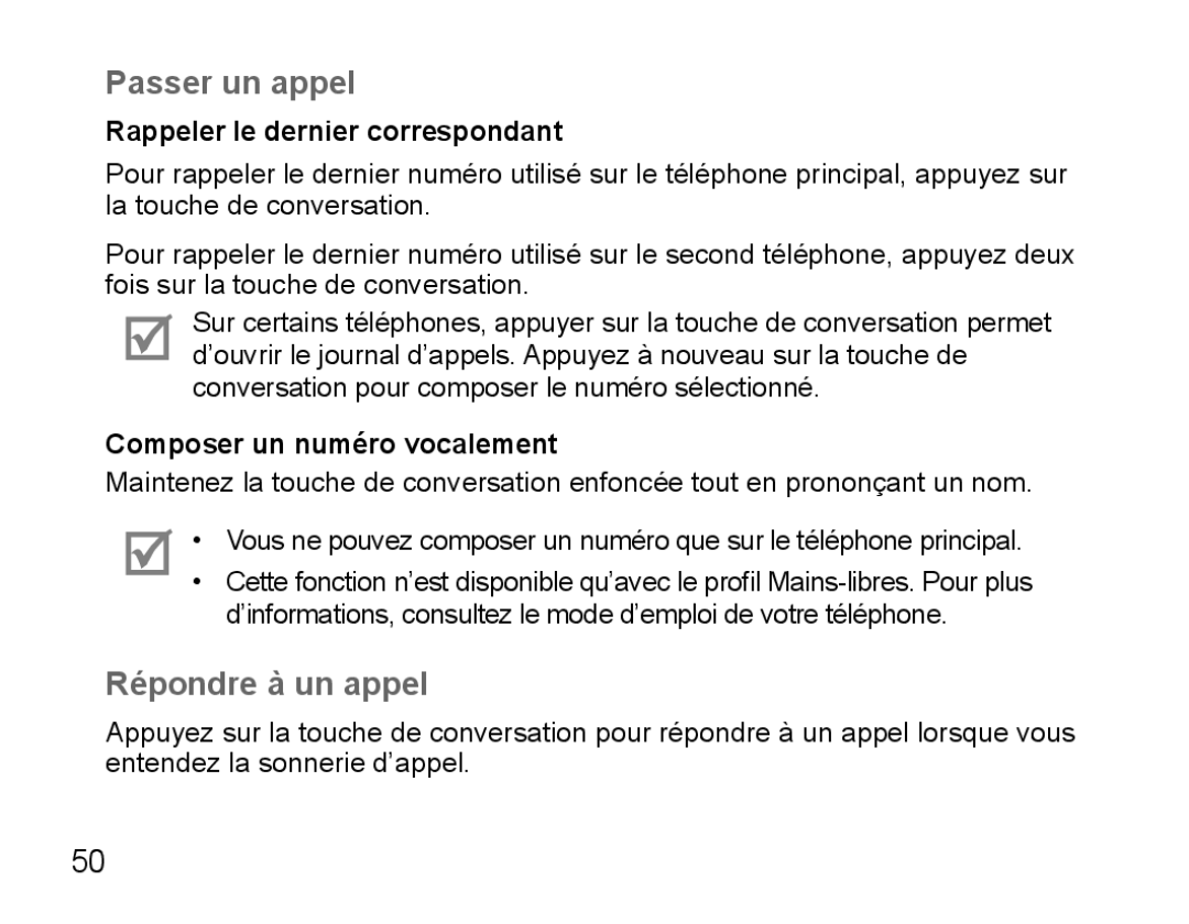 Samsung BHS3000EMECXET, BHS3000EBECXEF manual Passer un appel, Répondre à un appel, Rappeler le dernier correspondant 