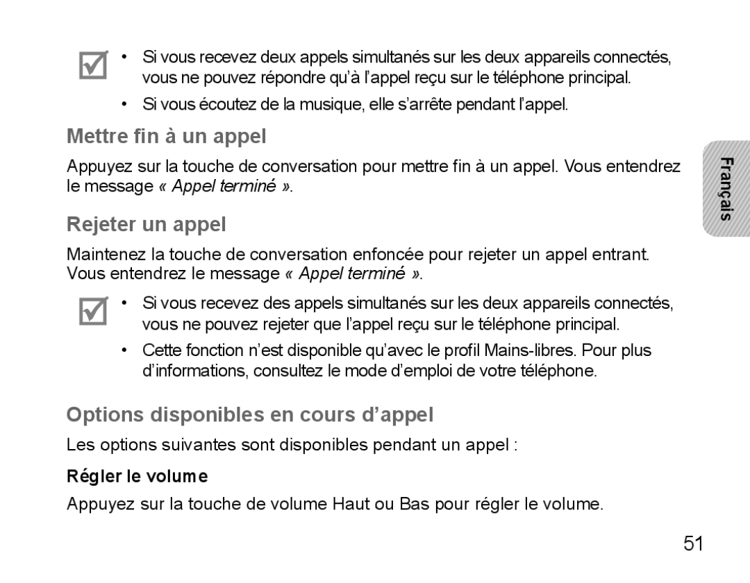 Samsung BHS3000EBECXET Mettre fin à un appel, Rejeter un appel, Options disponibles en cours d’appel, Régler le volume 