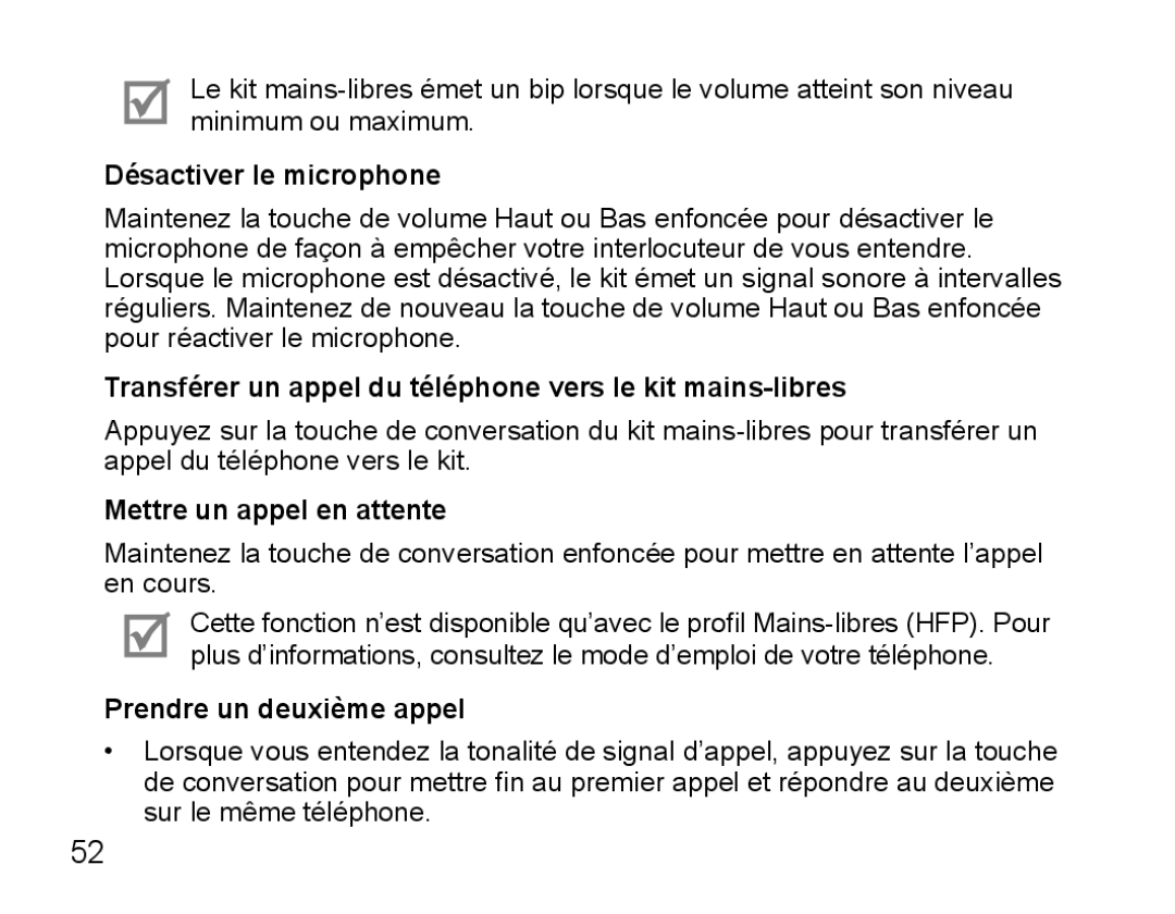 Samsung BHS3000EPECXET, BHS3000EBECXEF Désactiver le microphone, Transférer un appel du téléphone vers le kit mains-libres 