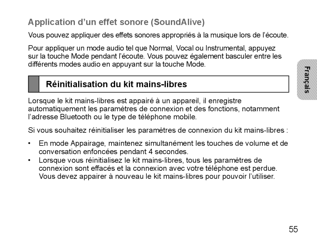 Samsung BHS3000EMLCFOP, BHS3000EBECXEF manual Application d’un effet sonore SoundAlive, Réinitialisation du kit mains-libres 