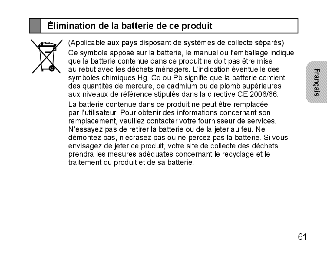 Samsung BHS3000EPECEUR, BHS3000EBECXEF, BHS3000EMECXET, BHS3000EBECXET manual Élimination de la batterie de ce produit 