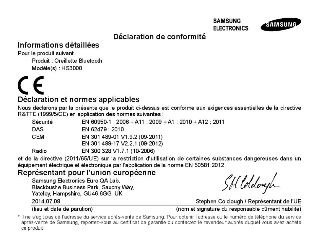 Samsung BHS3000EMECEUR manual Déclaration de conformité Informations détaillées, Déclaration et normes applicables 