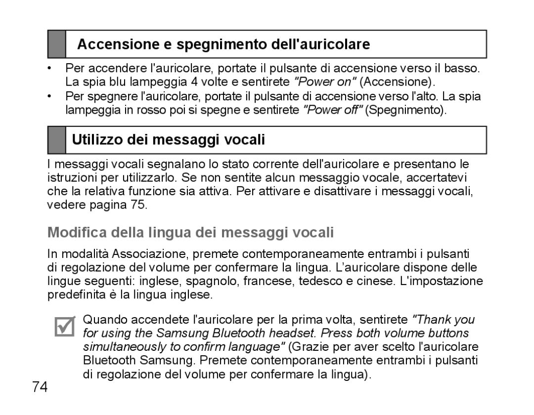 Samsung BHS3000EMECXEH, BHS3000EBECXEF manual Accensione e spegnimento dellauricolare, Utilizzo dei messaggi vocali 