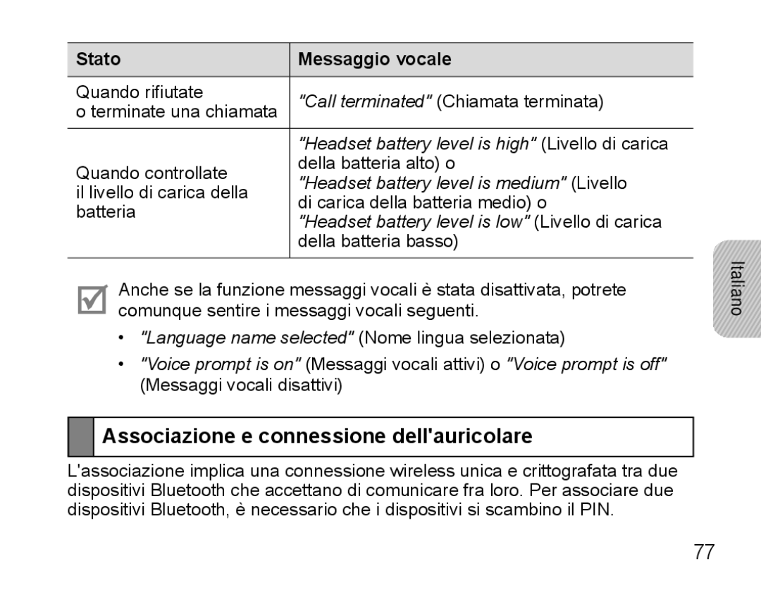 Samsung BHS3000EBECSEB manual Associazione e connessione dellauricolare, Headset battery level is low Livello di carica 