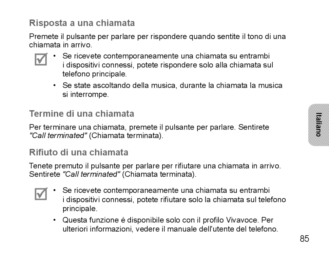 Samsung BHS3000EBECXET, BHS3000EBECXEF manual Risposta a una chiamata, Termine di una chiamata, Rifiuto di una chiamata 