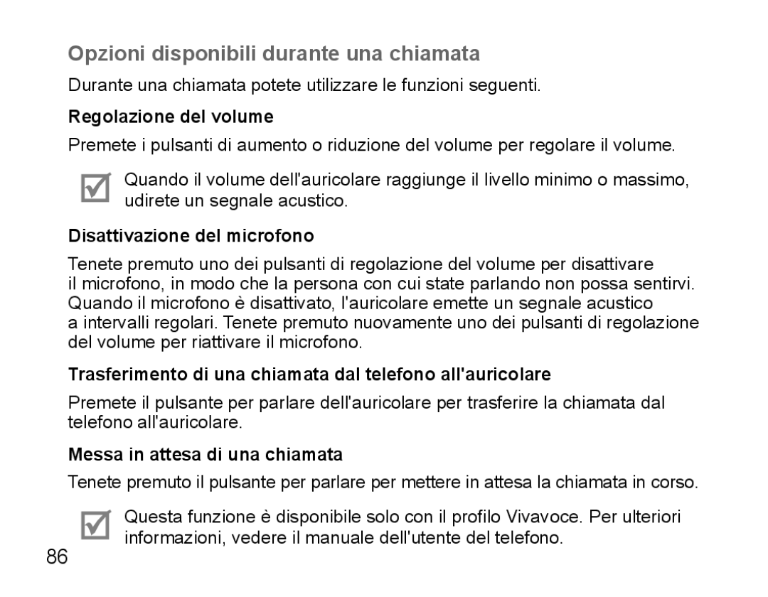 Samsung BHS3000EPECXET Opzioni disponibili durante una chiamata, Regolazione del volume, Disattivazione del microfono 