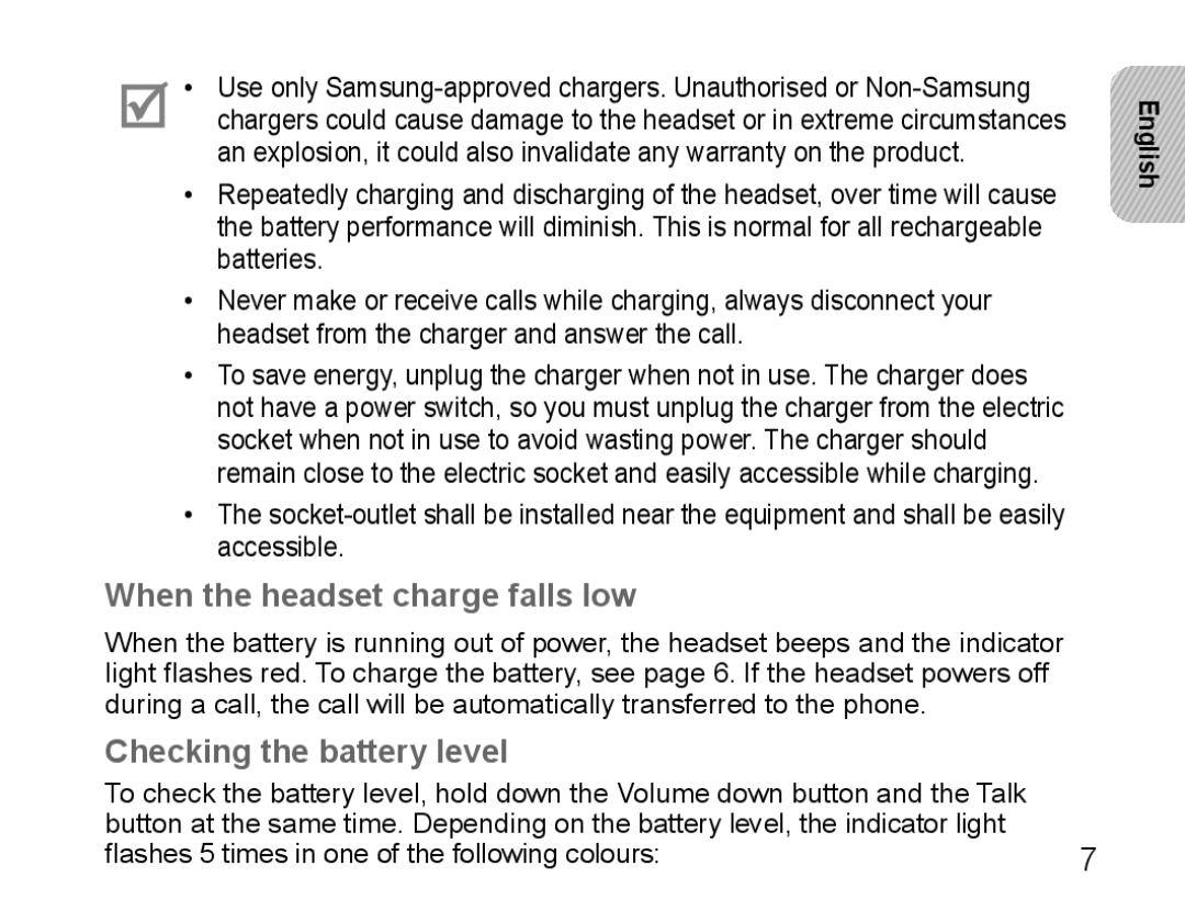 Samsung BHS3000EBECXEH, BHS3000EBECXEF, BHS3000EMECXET manual When the headset charge falls low, Checking the battery level 