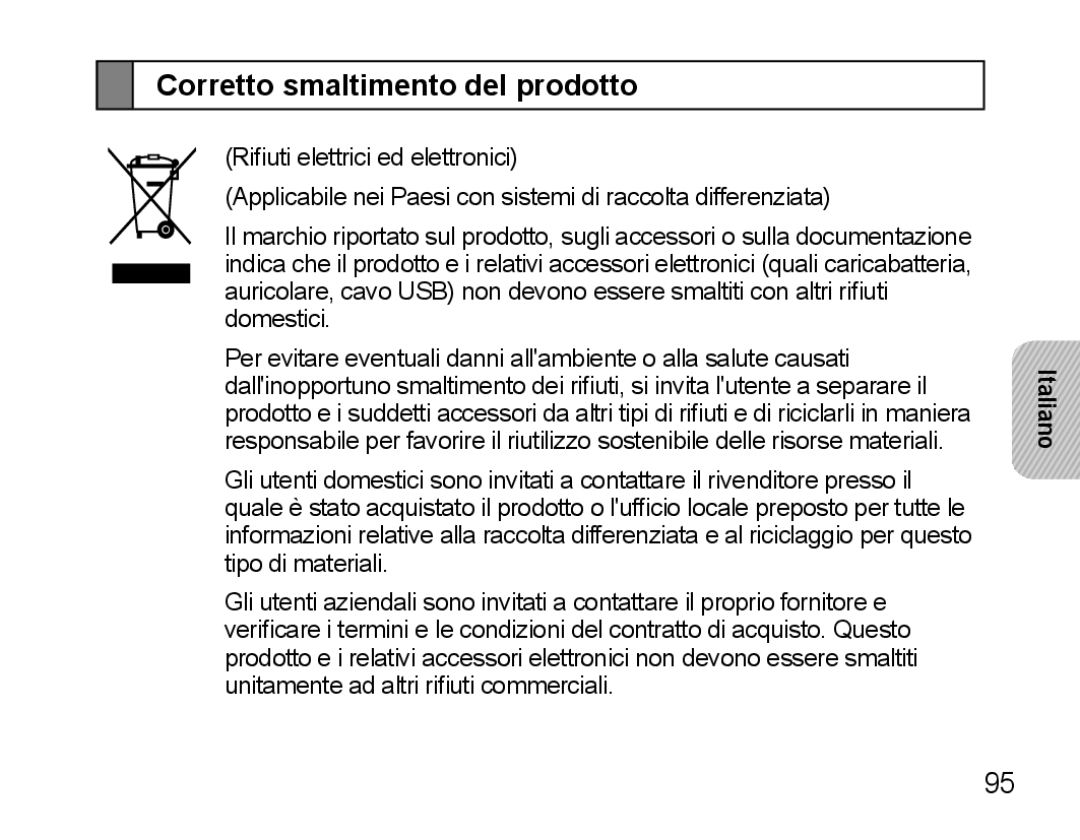 Samsung BHS3000EPECEUR, BHS3000EBECXEF, BHS3000EMECXET, BHS3000EBECXET, BHS3000EPECXET manual Corretto smaltimento del prodotto 