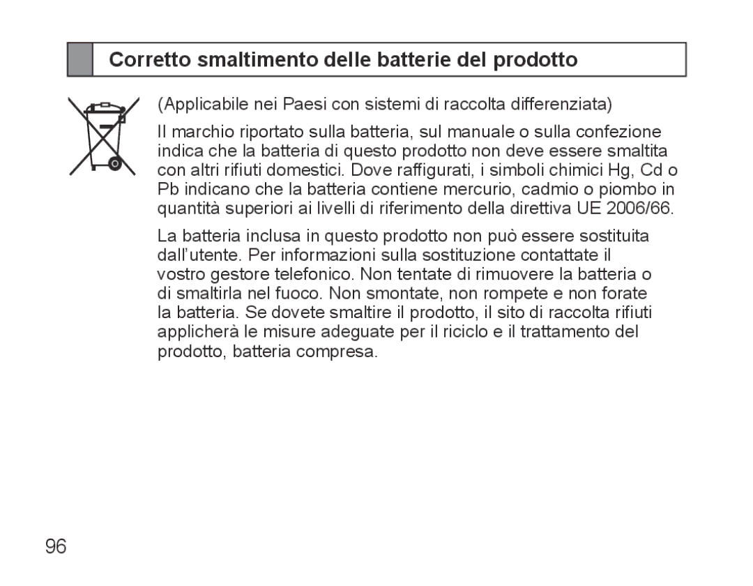 Samsung BHS3000EMECEUR, BHS3000EBECXEF, BHS3000EMECXET, BHS3000EBECXET manual Corretto smaltimento delle batterie del prodotto 