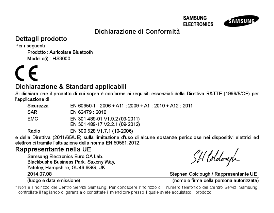 Samsung BHS3000EBECEUR, BHS3000EBECXEF Dichiarazione di Conformità Dettagli prodotto, Dichiarazione & Standard applicabili 