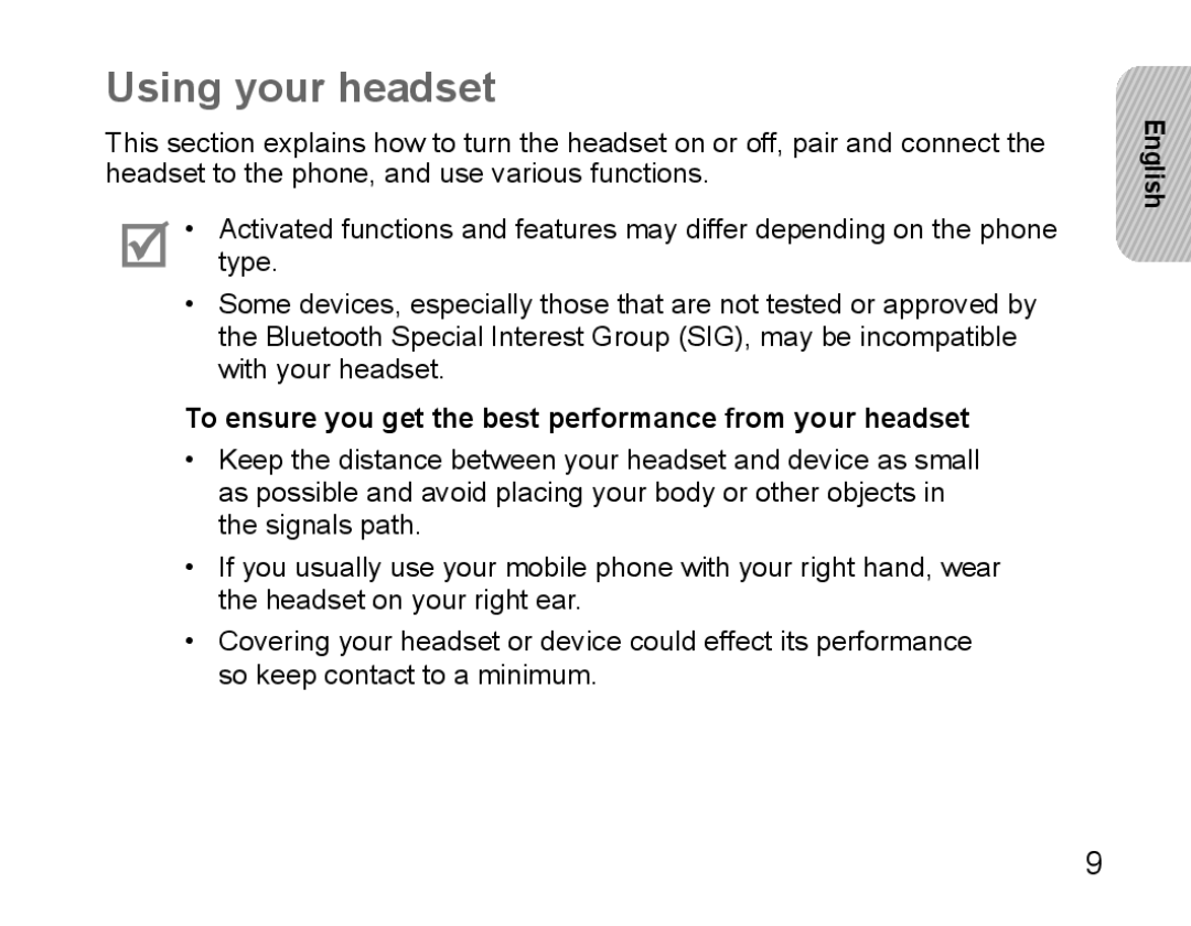 Samsung BHS3000EBECSEB, BHS3000EBECXEF manual Using your headset, To ensure you get the best performance from your headset 