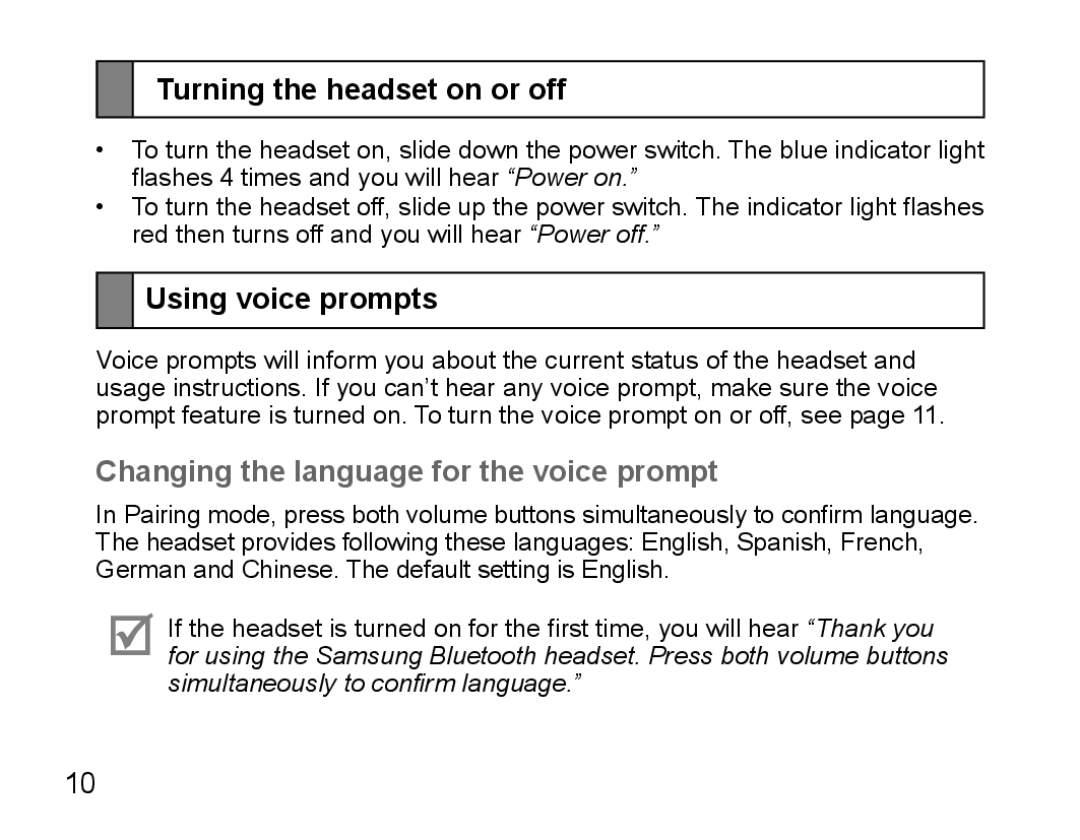 Samsung BHS3000EPECEUR Turning the headset on or off, Using voice prompts, Changing the language for the voice prompt 