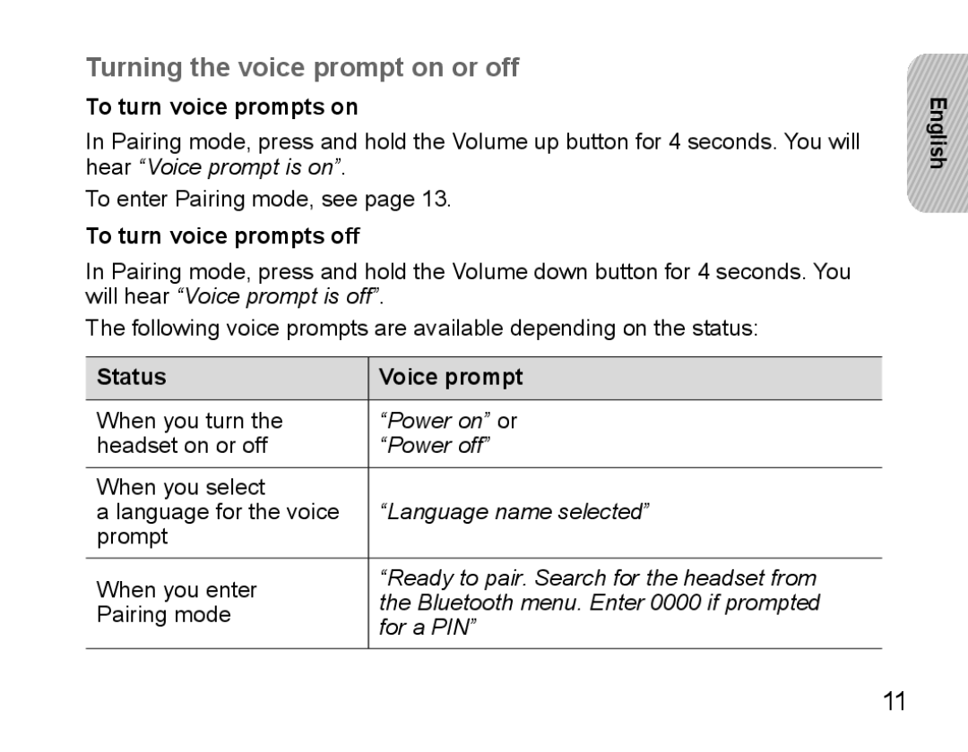 Samsung BHS3000EMECEUR manual Turning the voice prompt on or off, To turn voice prompts on, To turn voice prompts off 