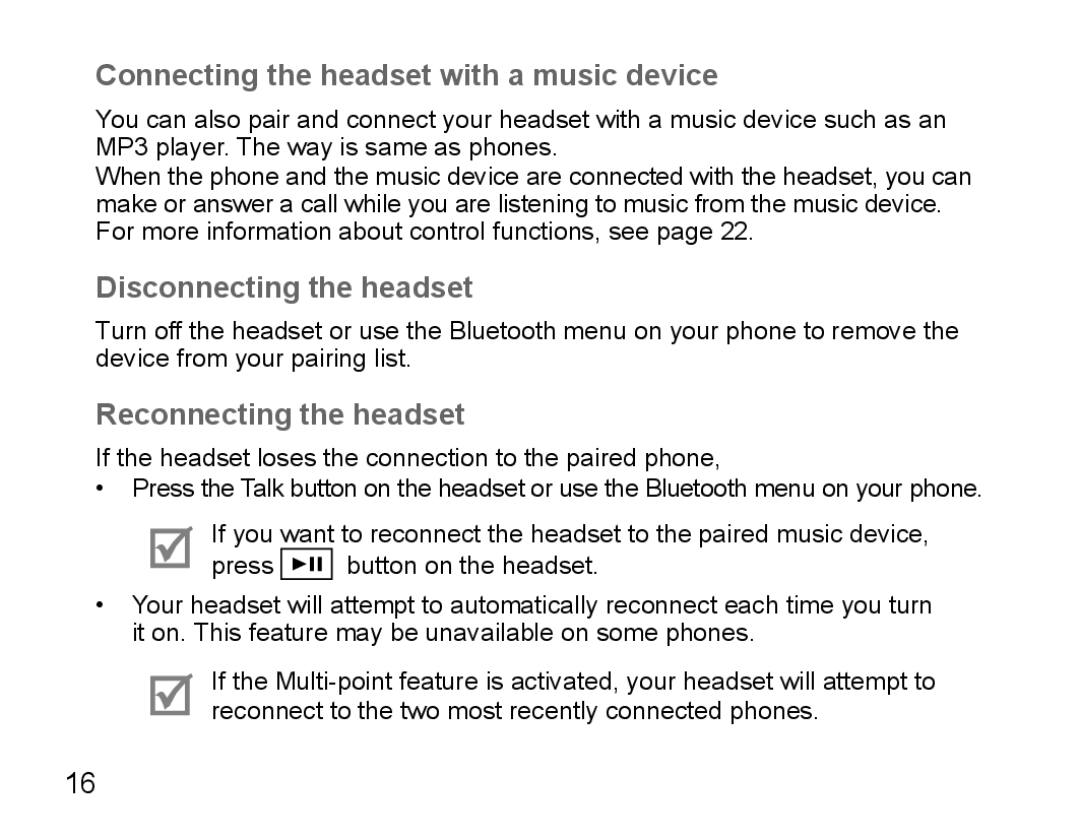 Samsung BHS3000EMECXET Connecting the headset with a music device, Disconnecting the headset, Reconnecting the headset 