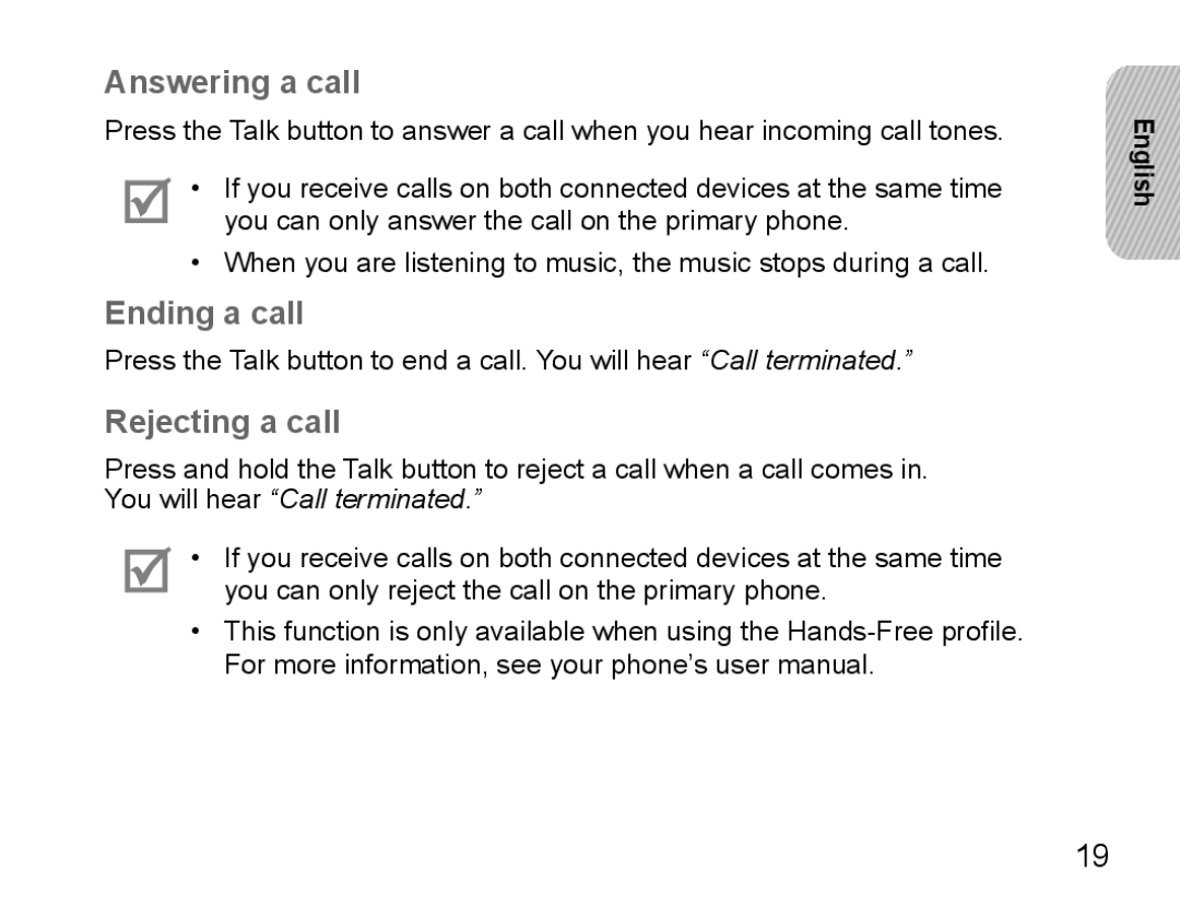 Samsung BHS3000EBLCFOP, BHS3000EBECXEF, BHS3000EMECXET, BHS3000EBECXET Answering a call, Ending a call, Rejecting a call 