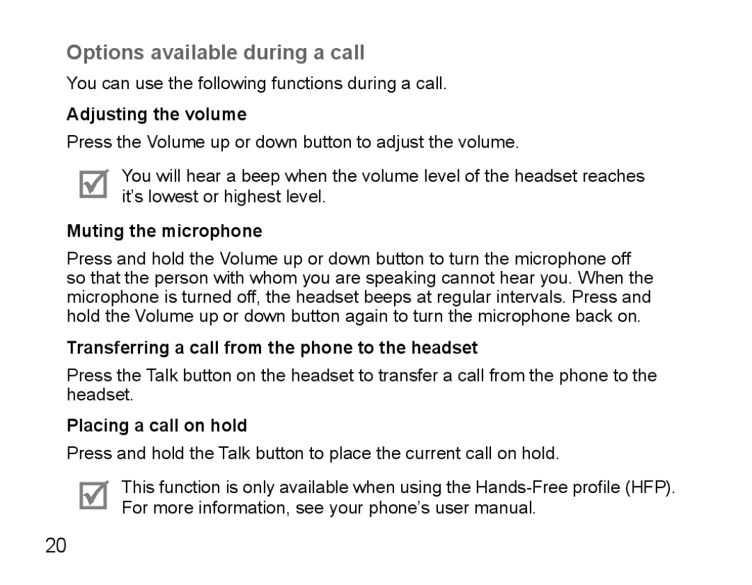 Samsung BHS3000EBECFOP, BHS3000EBECXEF manual Options available during a call, Adjusting the volume, Muting the microphone 