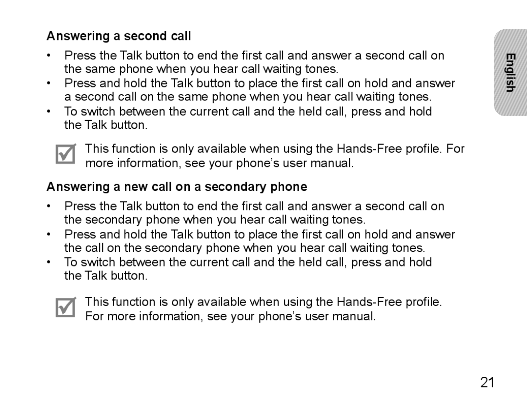 Samsung BHS3000EMLCFOP, BHS3000EBECXEF, BHS3000EMECXET Answering a second call, Answering a new call on a secondary phone 