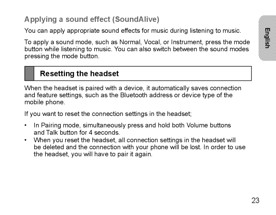 Samsung BHS3000EMECXEH, BHS3000EBECXEF, BHS3000EMECXET manual Applying a sound effect SoundAlive, Resetting the headset 