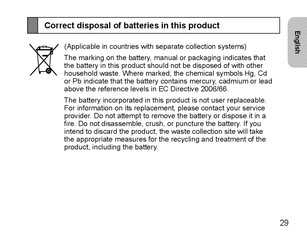 Samsung BHS3000EBECEUR, BHS3000EBECXEF, BHS3000EMECXET, BHS3000EBECXET manual Correct disposal of batteries in this product 