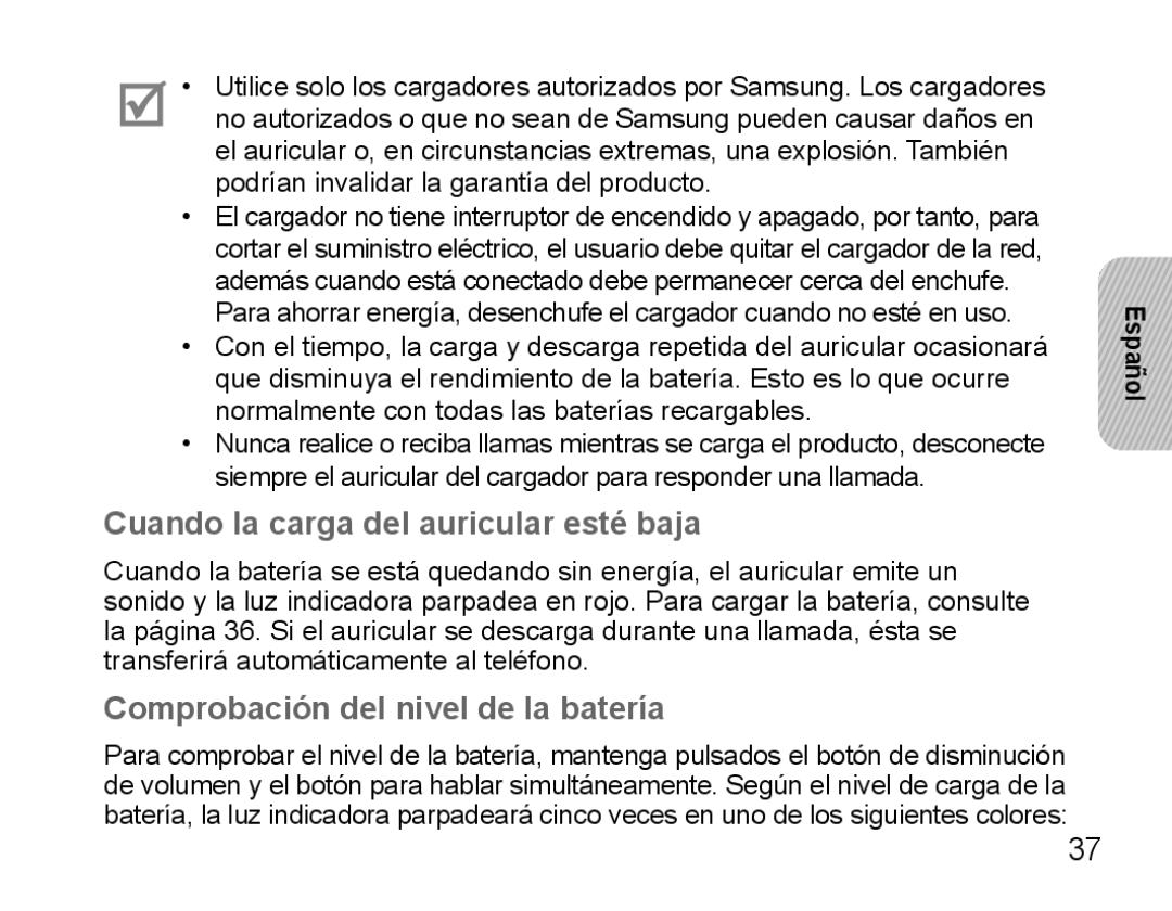 Samsung BHS3000EBECFOP, BHS3000EBECXEF manual Cuando la carga del auricular esté baja, Comprobación del nivel de la batería 