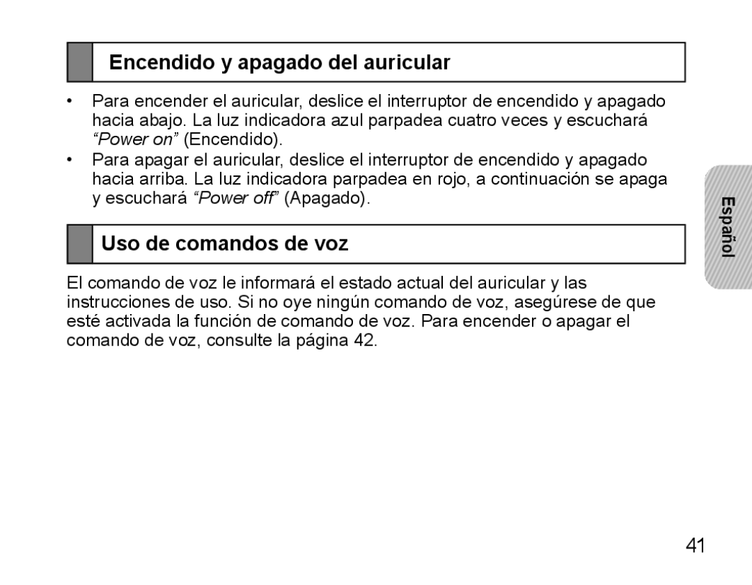 Samsung BHS3000EBECXEH, BHS3000EBECXEF, BHS3000EMECXET manual Encendido y apagado del auricular, Uso de comandos de voz 